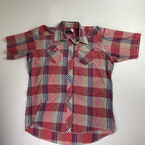 Wrangler Shirt Mens Large 17.5 Plaid Brush Popper Cowboy Cut X Long Tails Vtg